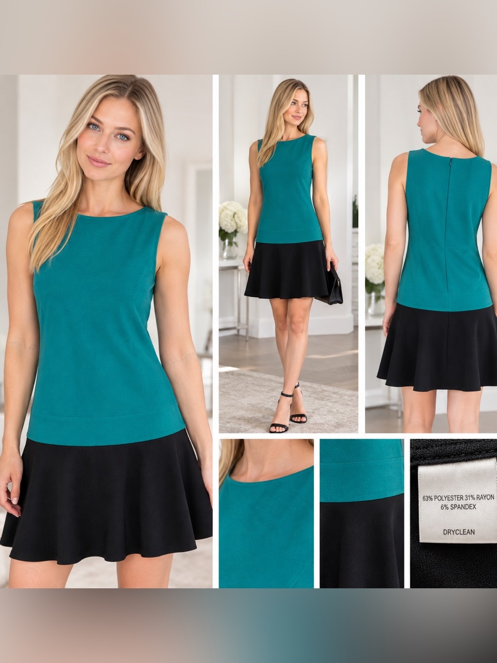 LOFT Teal and Black Sleeveless Fit-and-Flare Dress Size 2